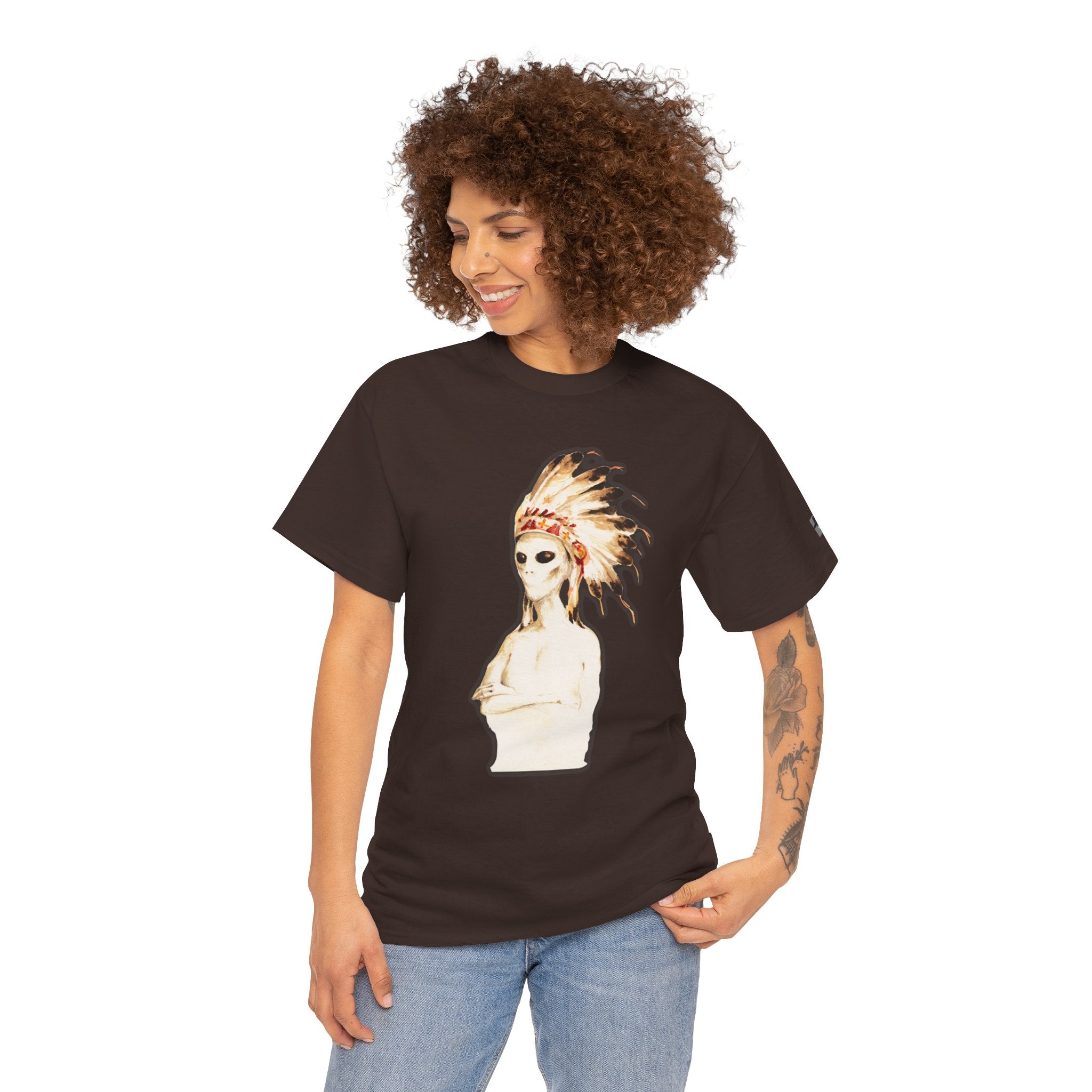 Graphic Tee — Watercolor Skeleton / Alien with Feather Headdress T-Shirt