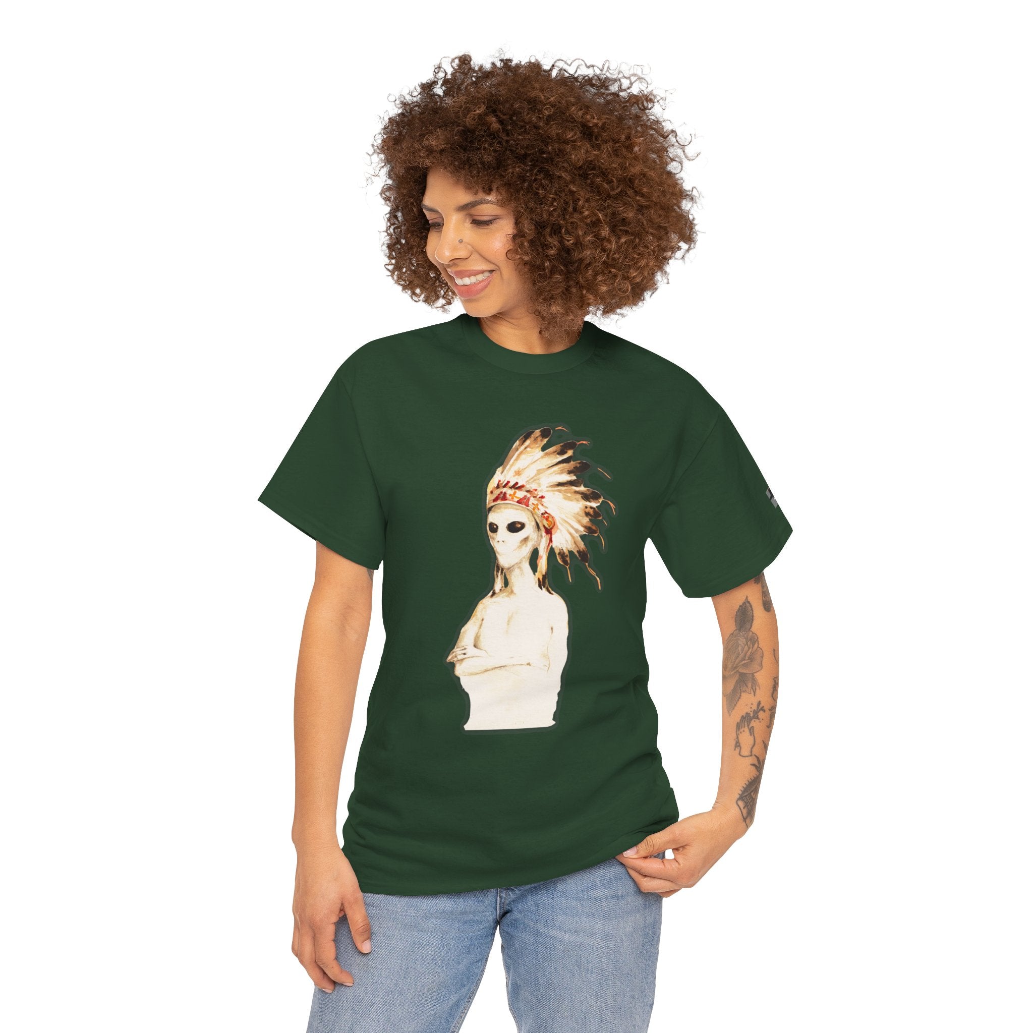 Graphic Tee — Watercolor Skeleton / Alien with Feather Headdress T-Shirt