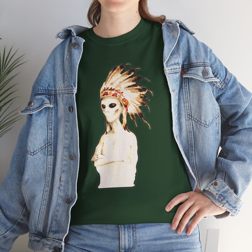 Graphic Tee — Watercolor Skeleton / Alien with Feather Headdress T-Shirt