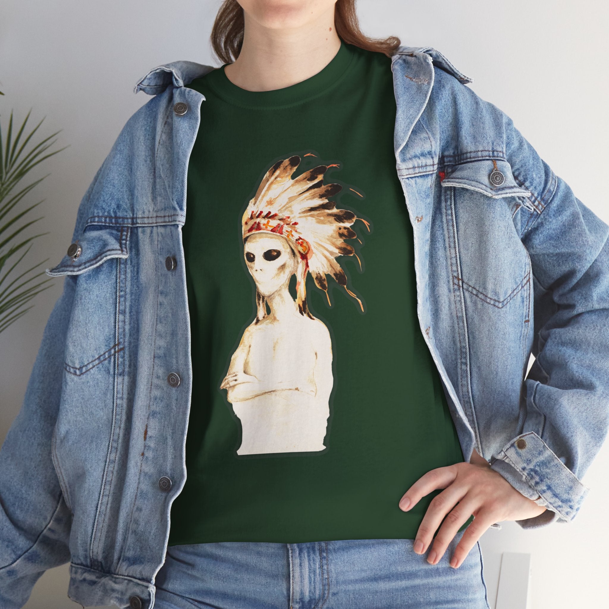 Graphic Tee — Watercolor Skeleton / Alien with Feather Headdress T-Shirt