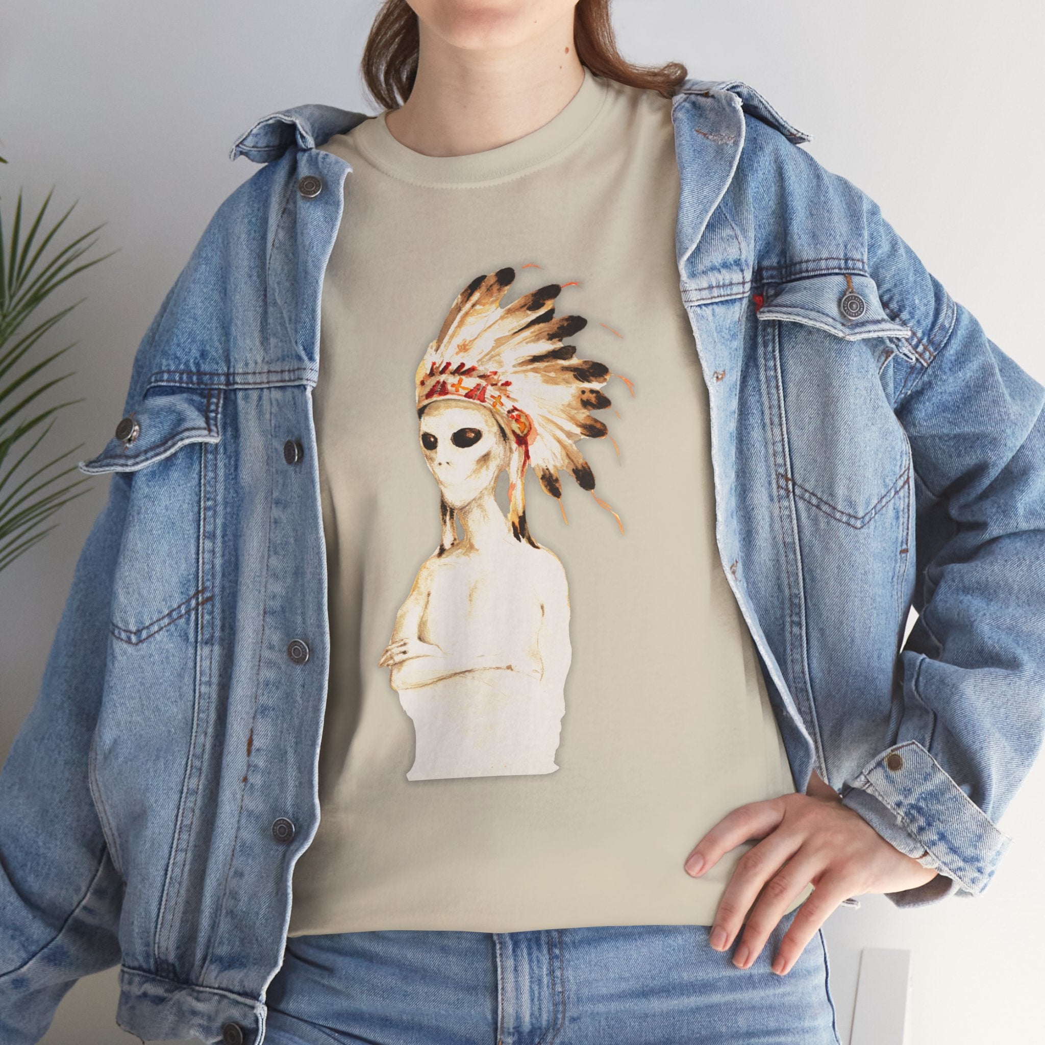 Graphic Tee — Watercolor Skeleton / Alien with Feather Headdress T-Shirt