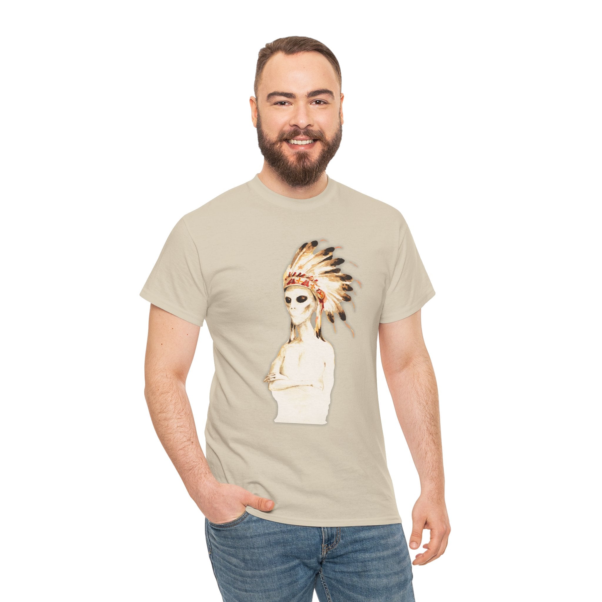 Graphic Tee — Watercolor Skeleton / Alien with Feather Headdress T-Shirt