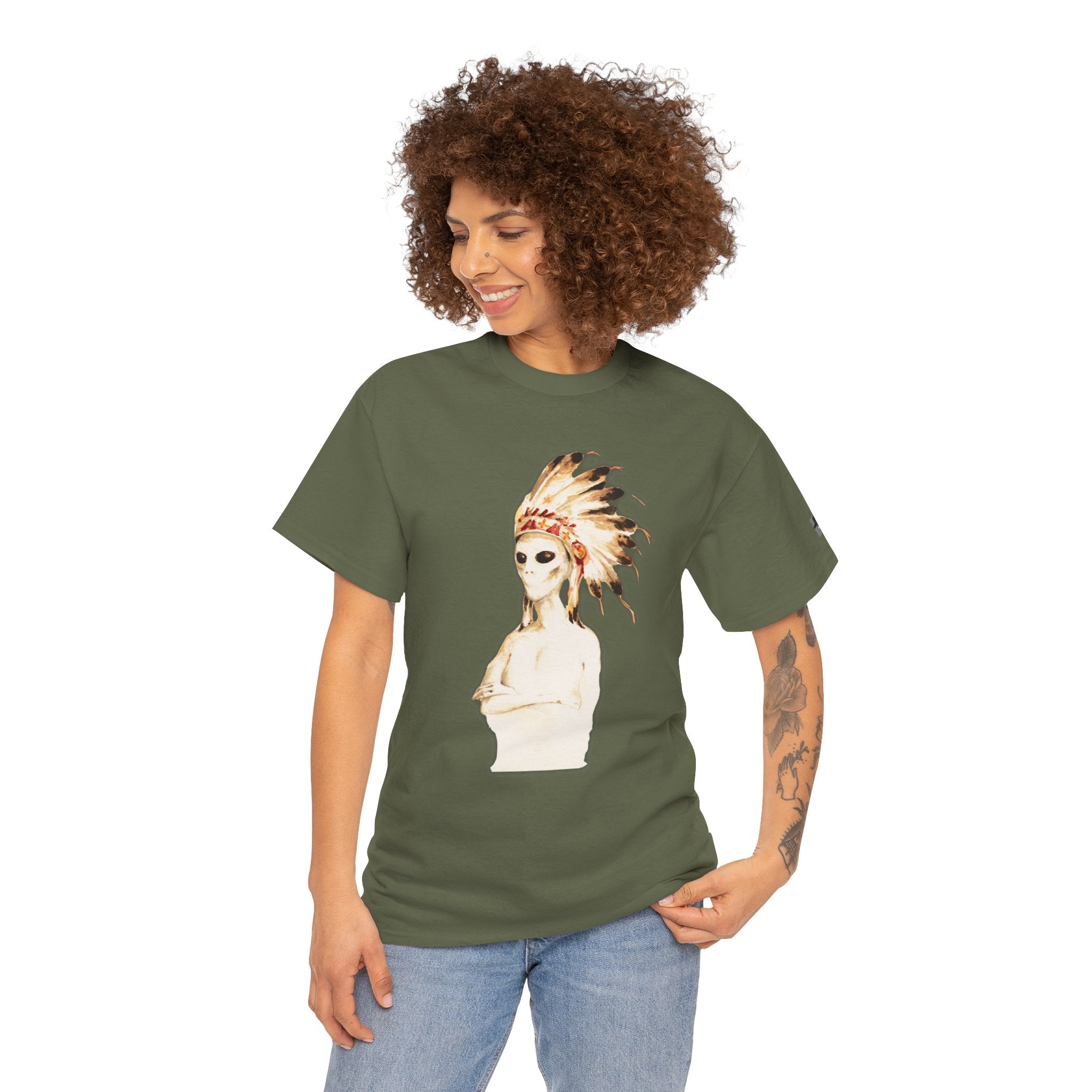 Graphic Tee — Watercolor Skeleton / Alien with Feather Headdress T-Shirt
