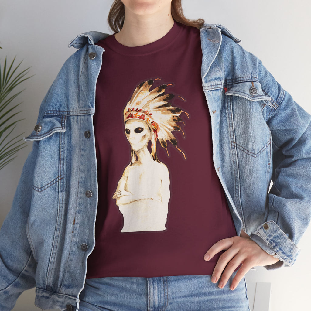 Graphic Tee — Watercolor Skeleton / Alien with Feather Headdress T-Shirt
