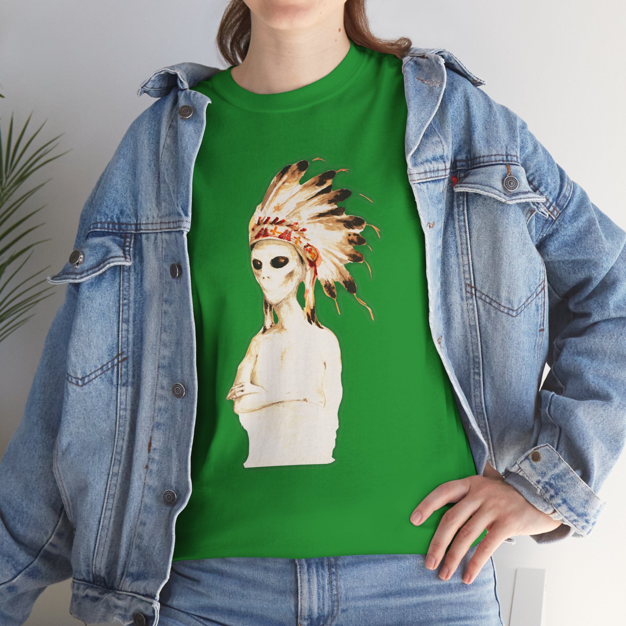 Graphic Tee — Watercolor Skeleton / Alien with Feather Headdress T-Shirt