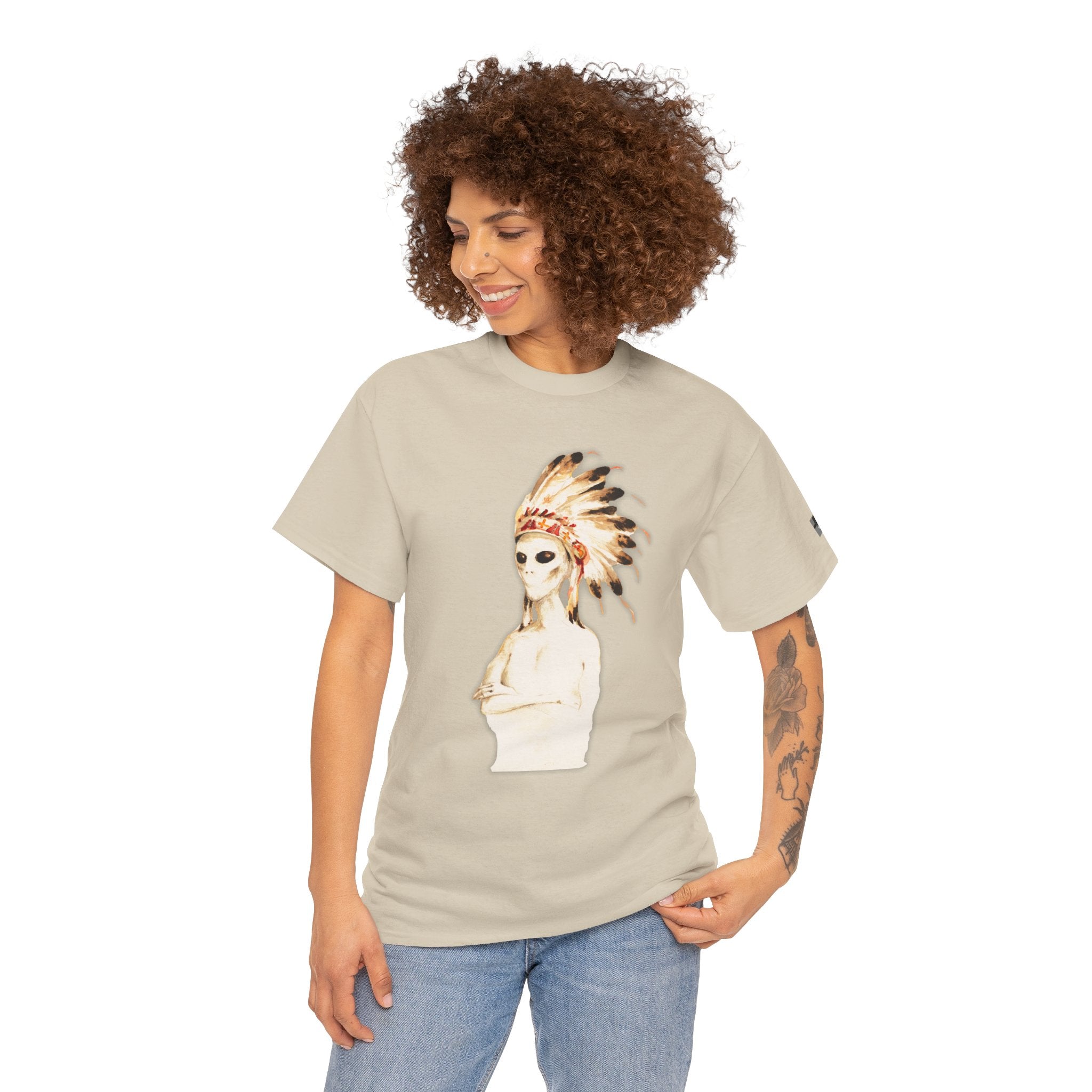 Graphic Tee — Watercolor Skeleton / Alien with Feather Headdress T-Shirt