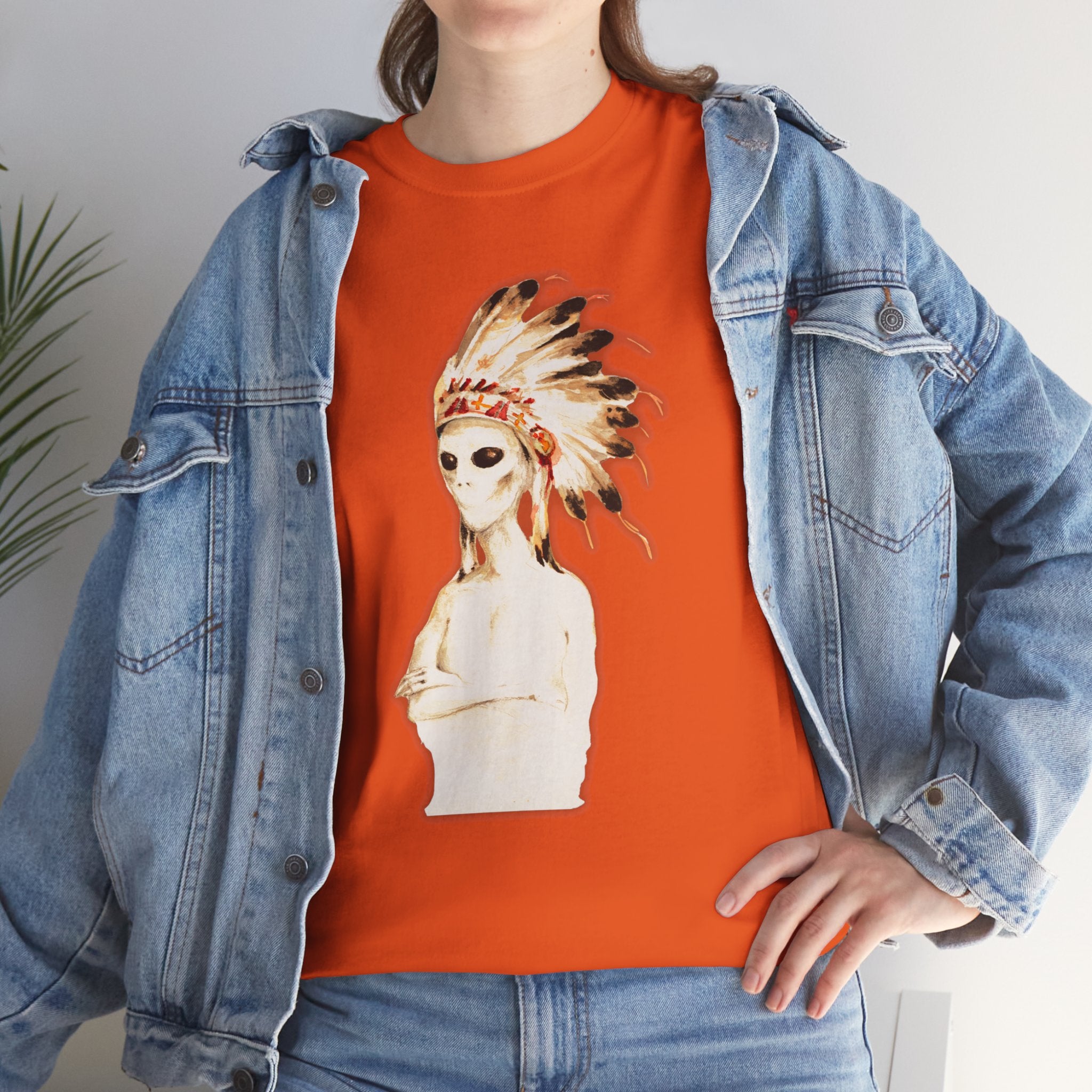 Graphic Tee — Watercolor Skeleton / Alien with Feather Headdress T-Shirt