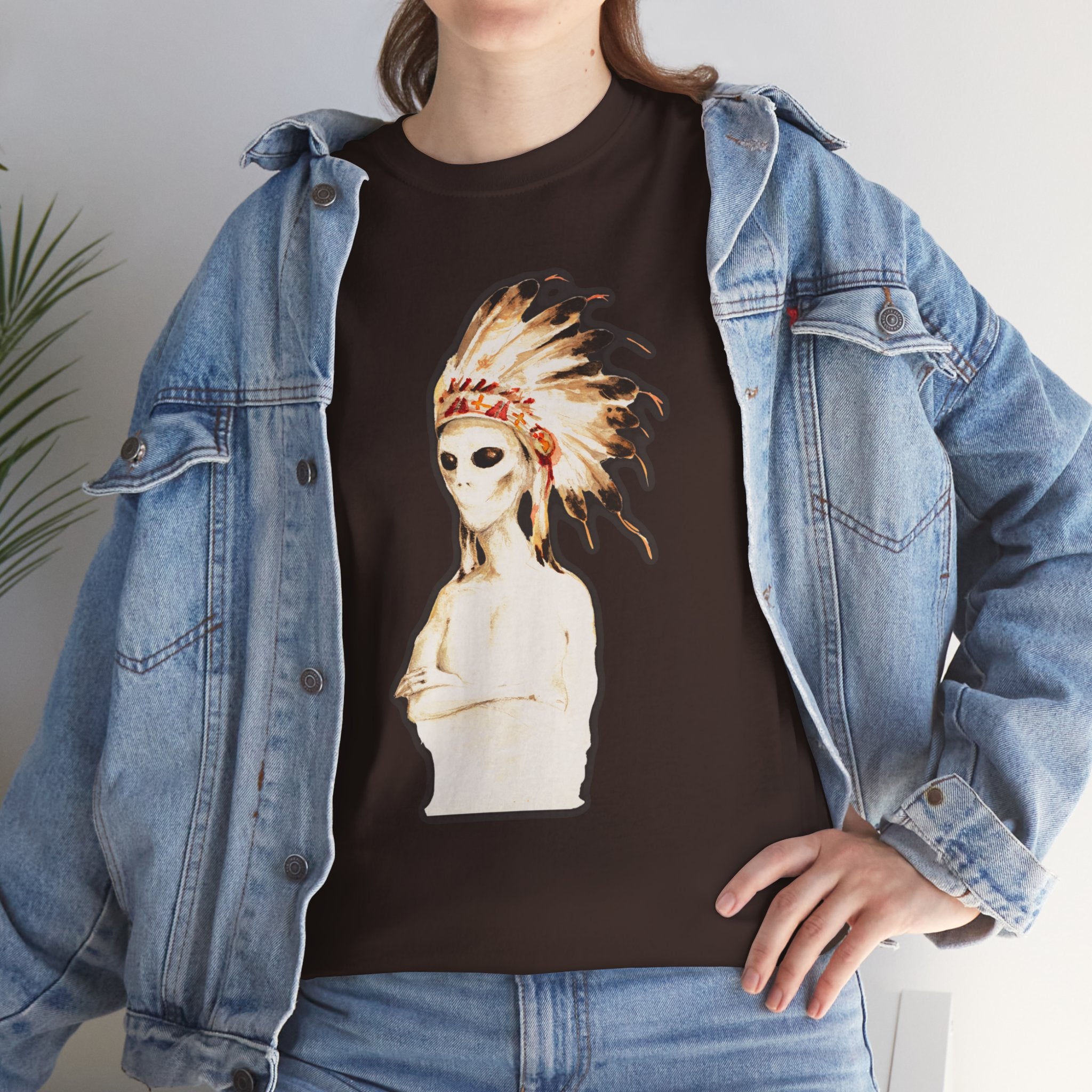 Graphic Tee — Watercolor Skeleton / Alien with Feather Headdress T-Shirt