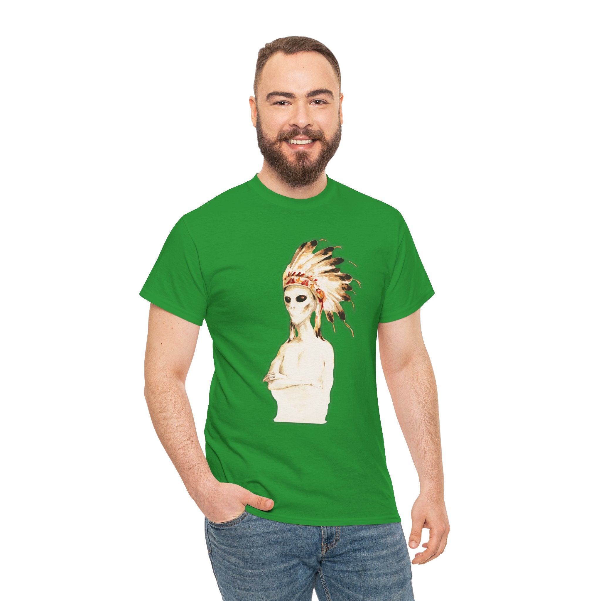 Graphic Tee — Watercolor Skeleton / Alien with Feather Headdress T-Shirt