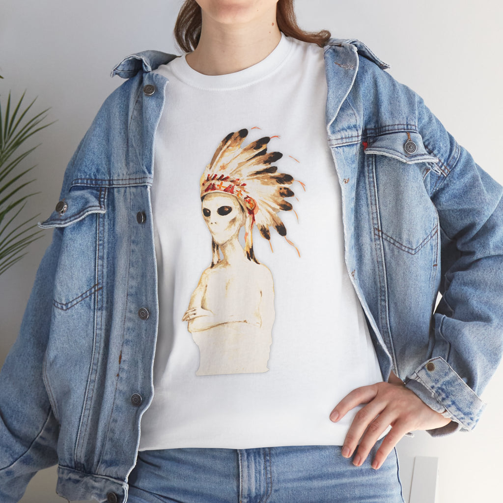 Graphic Tee — Watercolor Skeleton / Alien with Feather Headdress T-Shirt