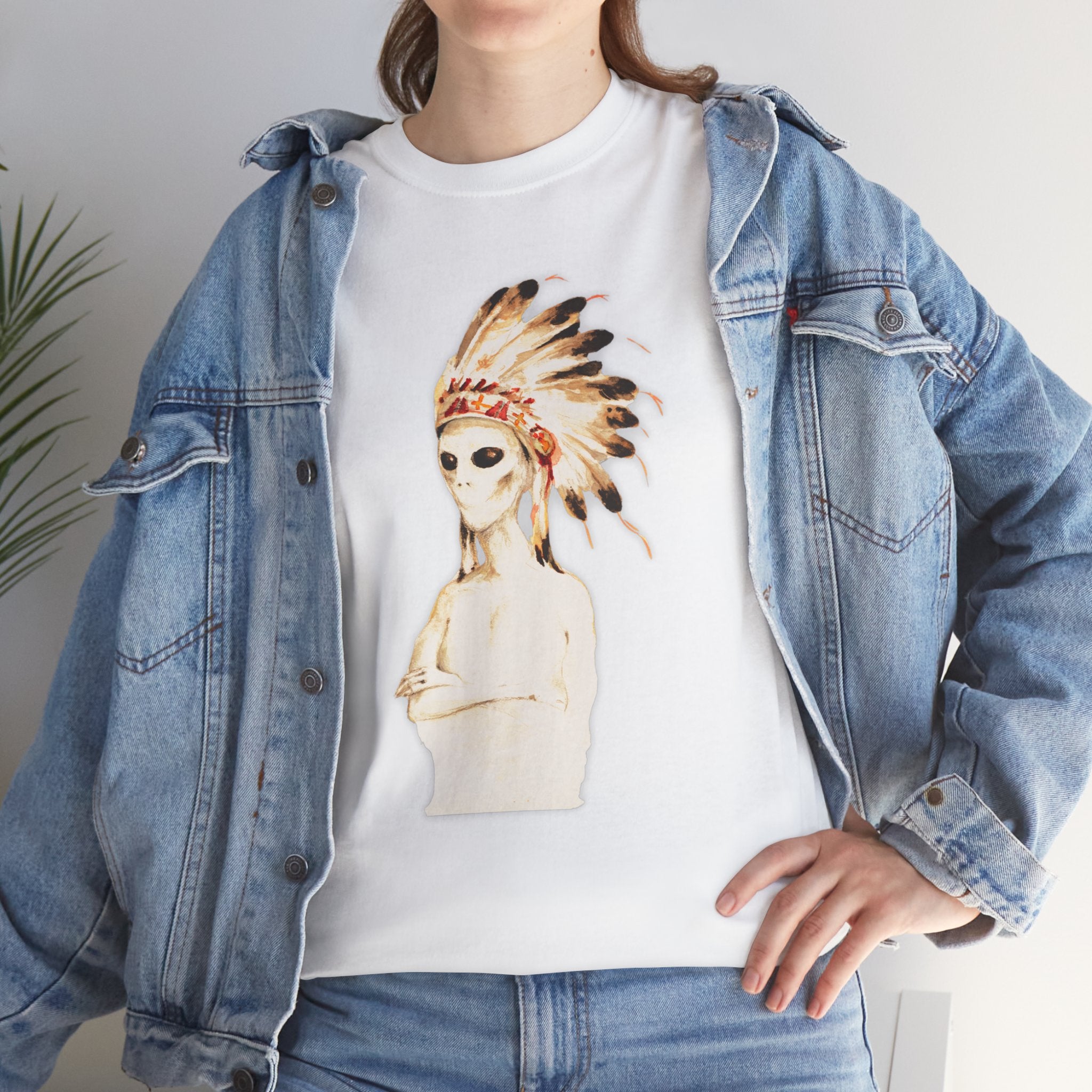 Graphic Tee — Watercolor Skeleton / Alien with Feather Headdress T-Shirt