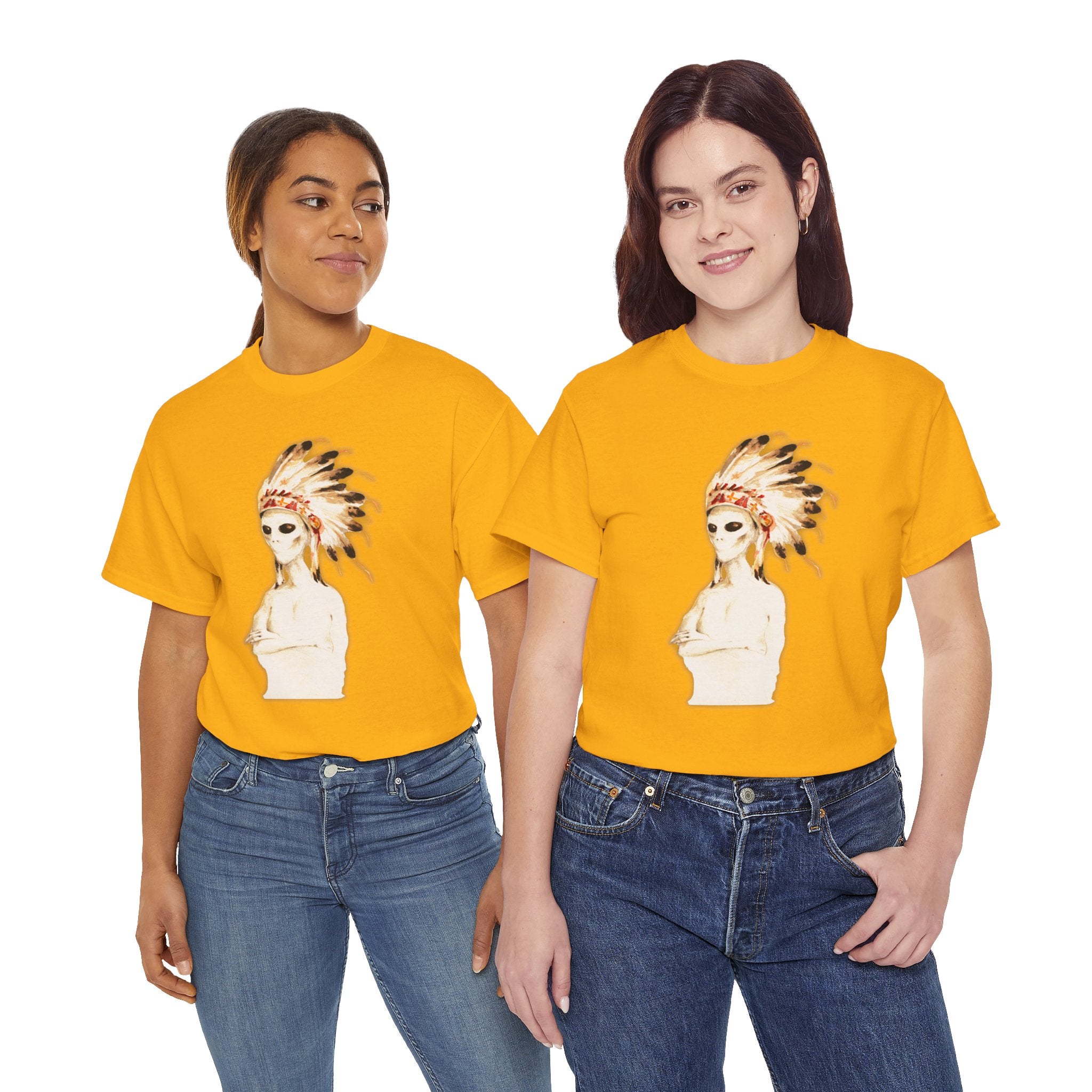 Graphic Tee — Watercolor Skeleton / Alien with Feather Headdress T-Shirt