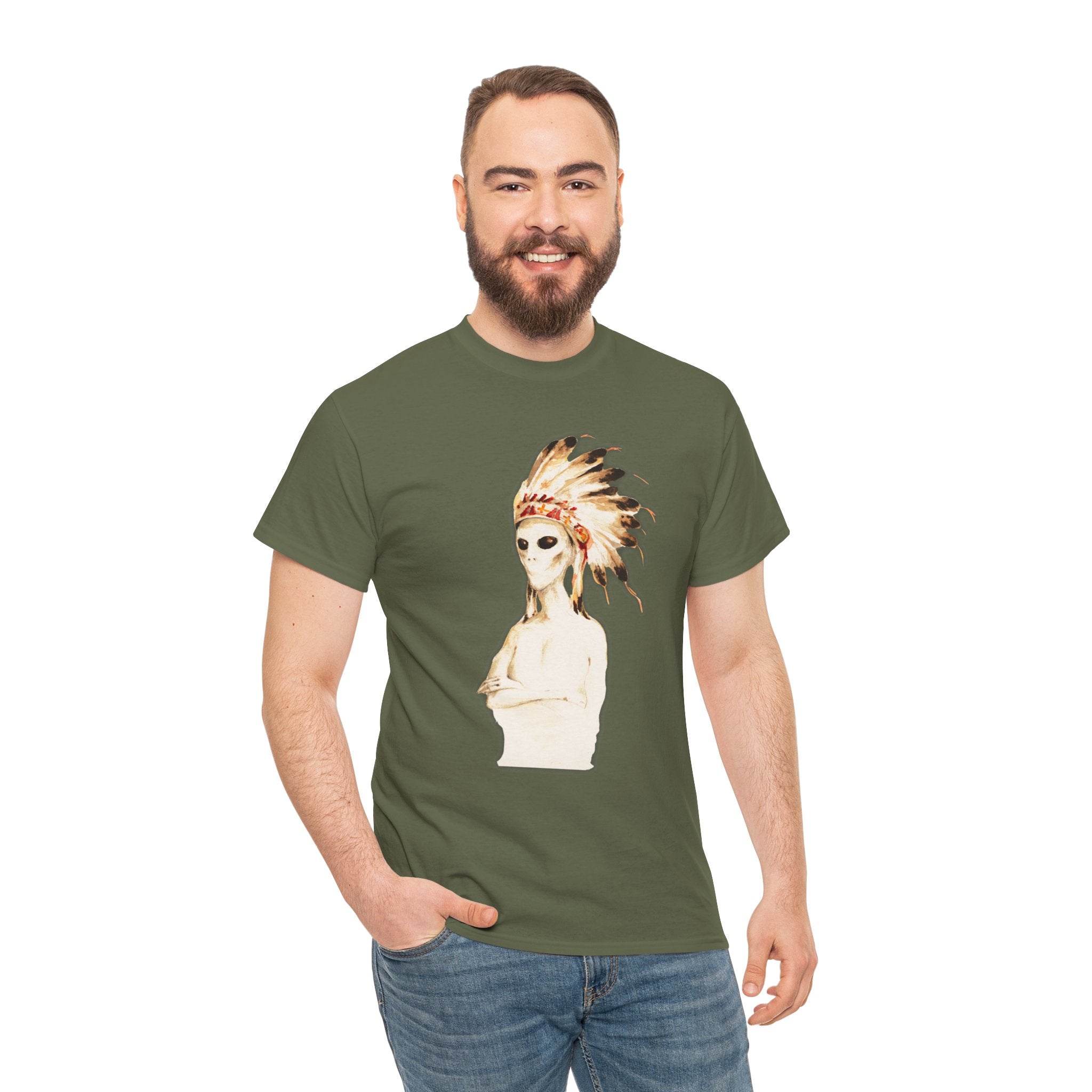 Graphic Tee — Watercolor Skeleton / Alien with Feather Headdress T-Shirt