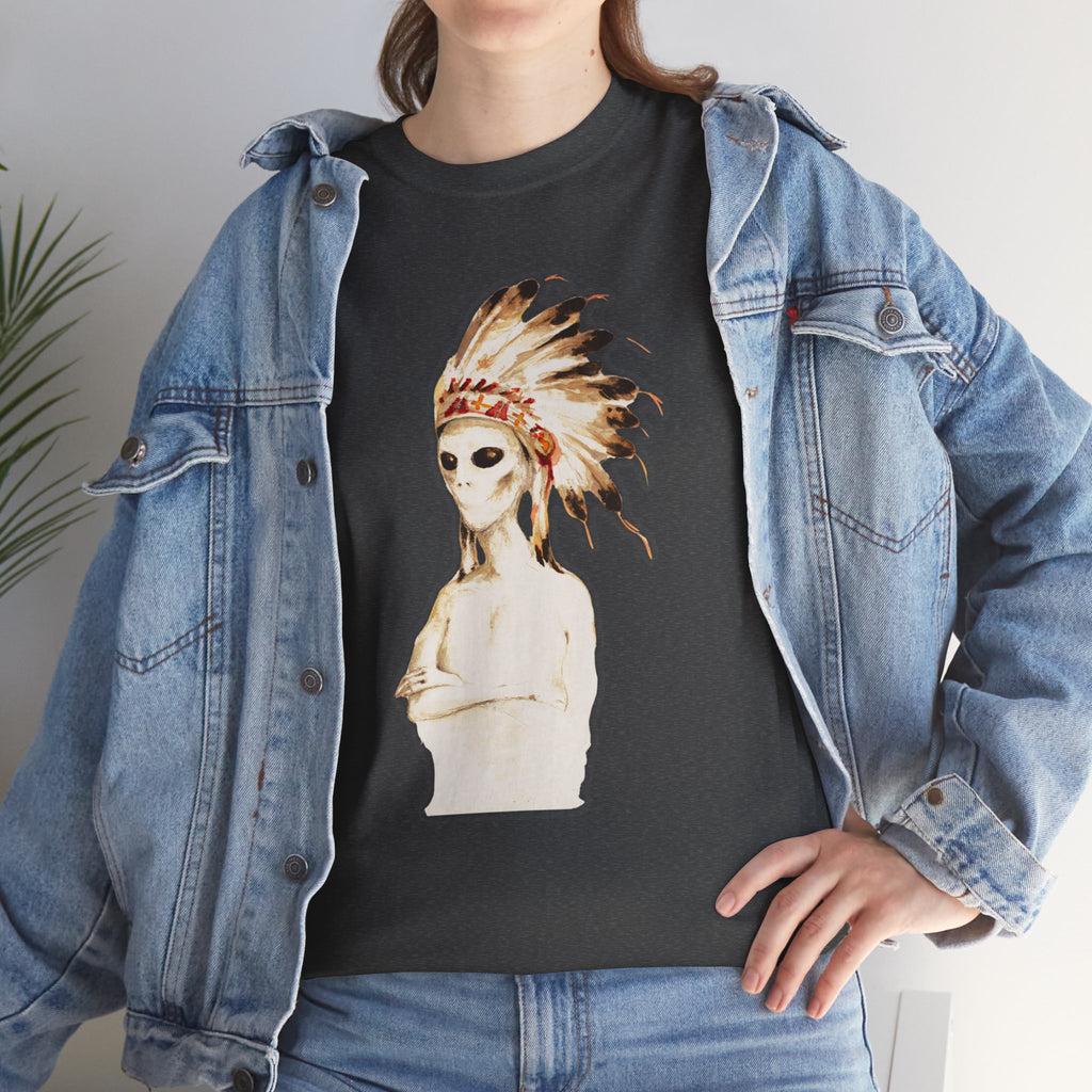 Graphic Tee — Watercolor Skeleton / Alien with Feather Headdress T-Shirt