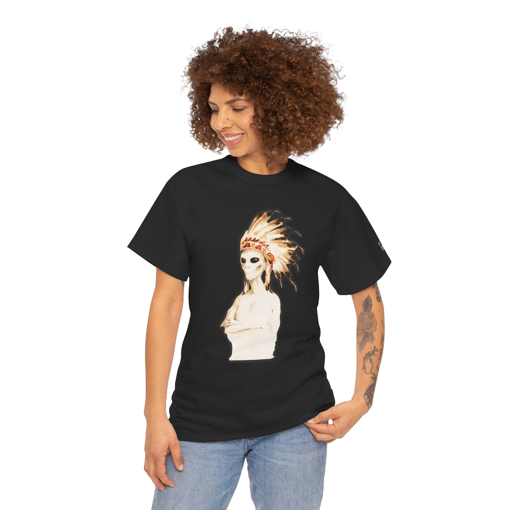 Graphic Tee — Watercolor Skeleton / Alien with Feather Headdress T-Shirt