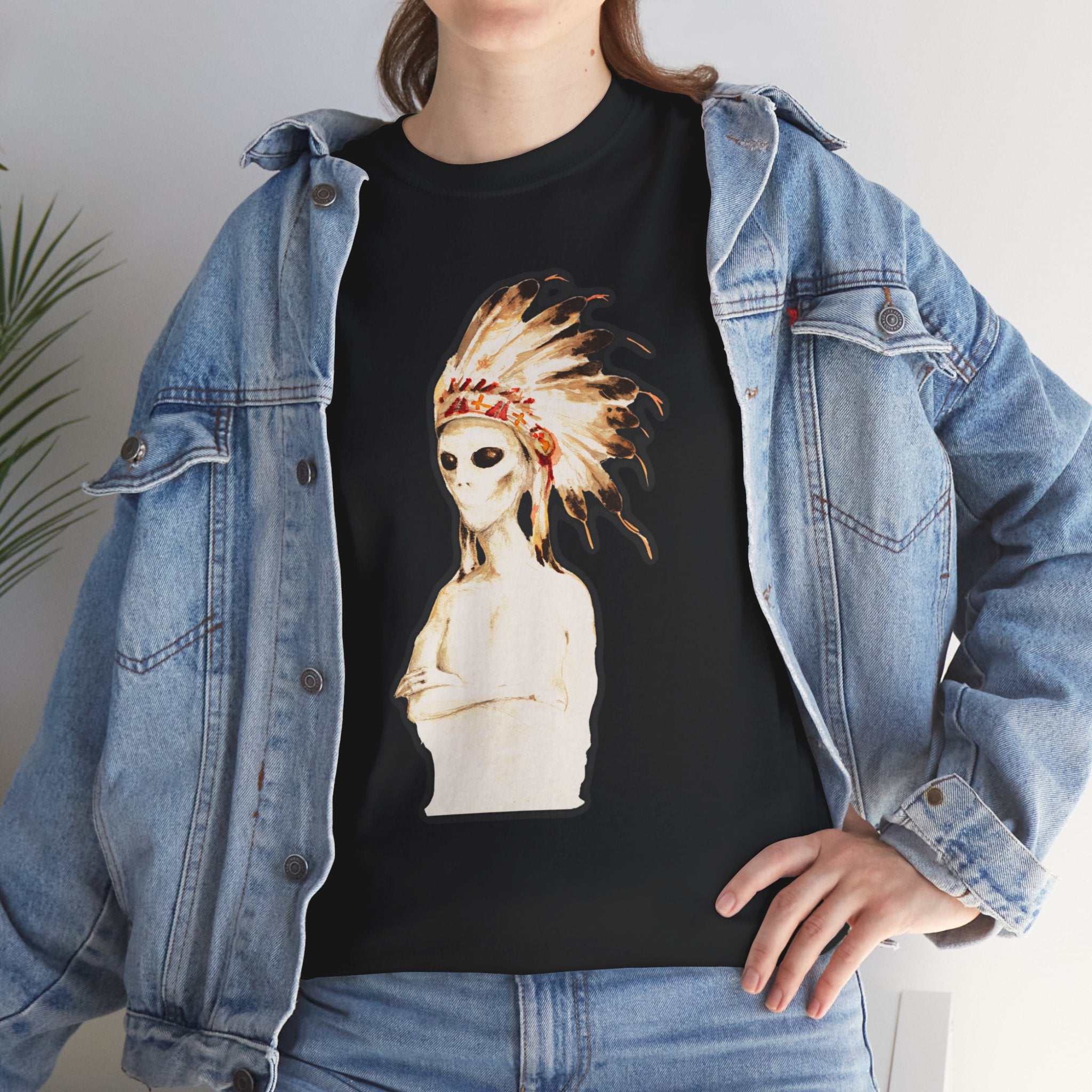 Graphic Tee — Watercolor Skeleton / Alien with Feather Headdress T-Shirt