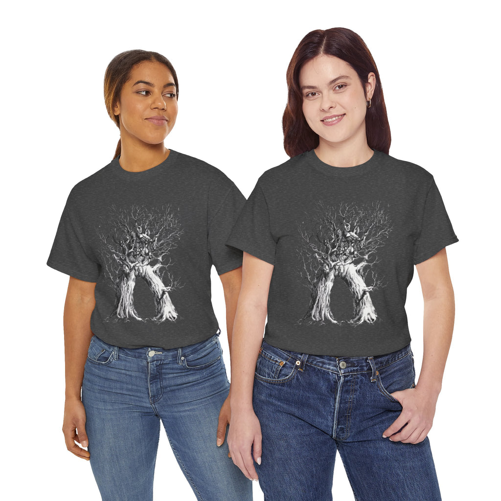 Tree of Lovers T-Shirt — Romantic Embrace Tree Illustration Tee