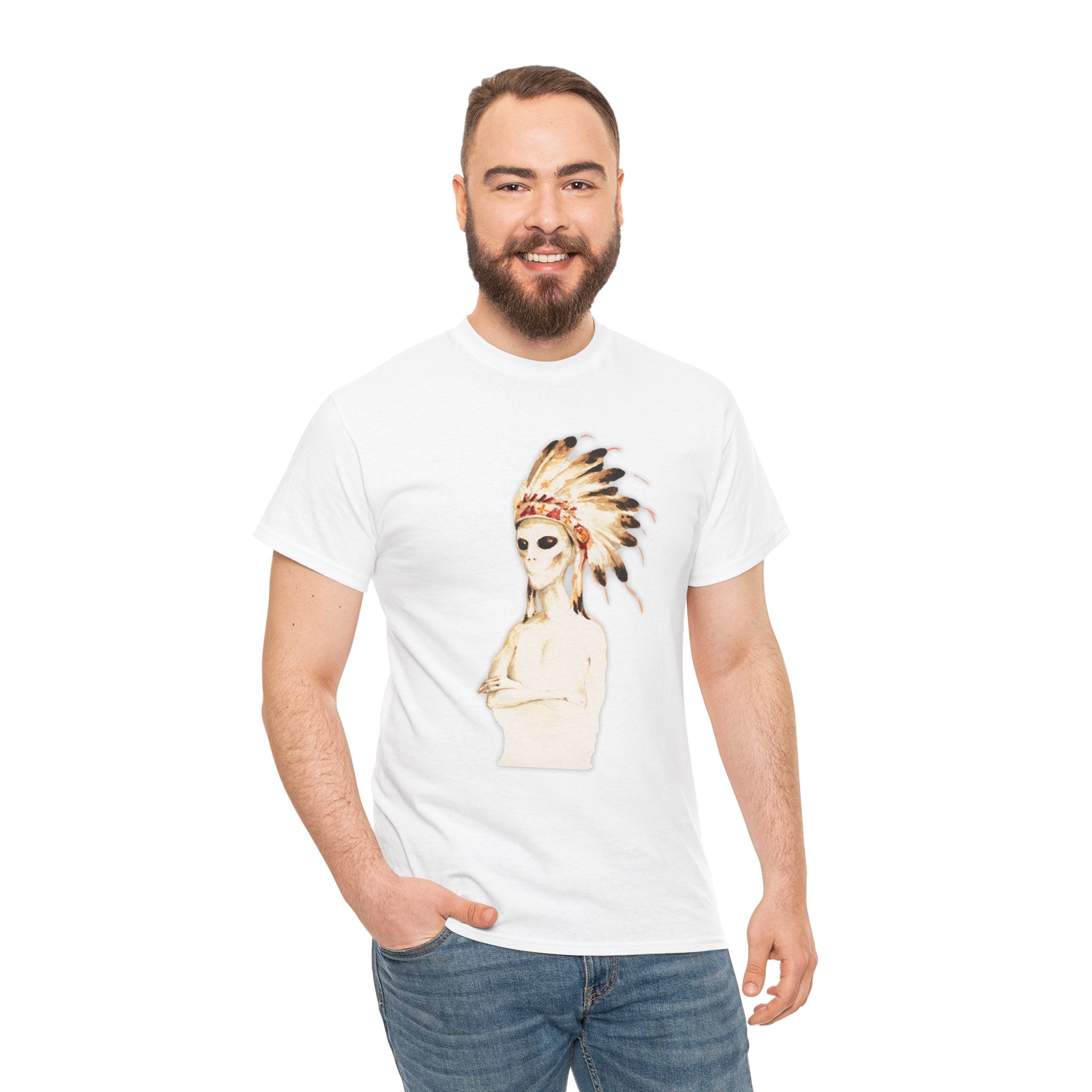 Graphic Tee — Watercolor Skeleton / Alien with Feather Headdress T-Shirt