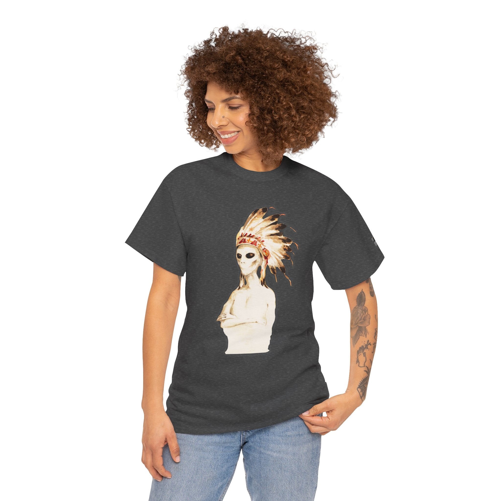 Graphic Tee — Watercolor Skeleton / Alien with Feather Headdress T-Shirt