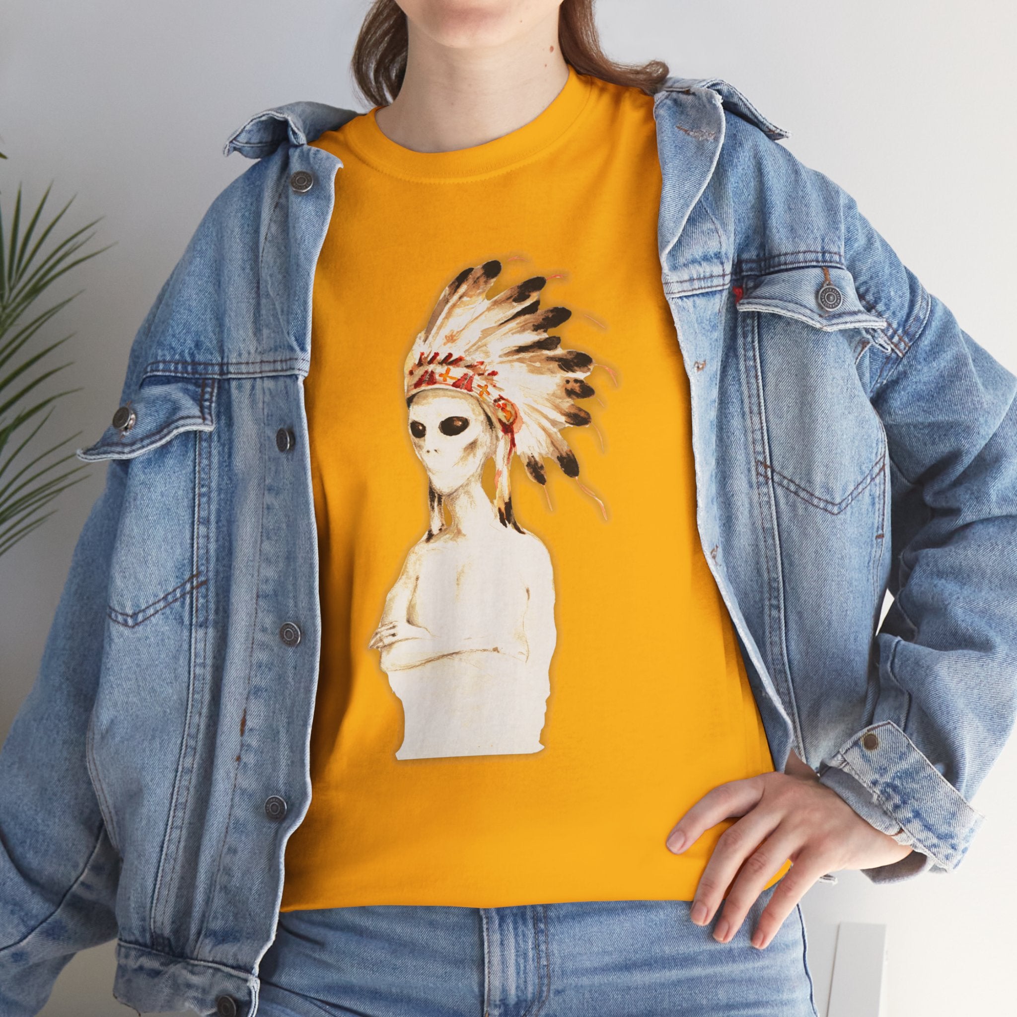 Graphic Tee — Watercolor Skeleton / Alien with Feather Headdress T-Shirt