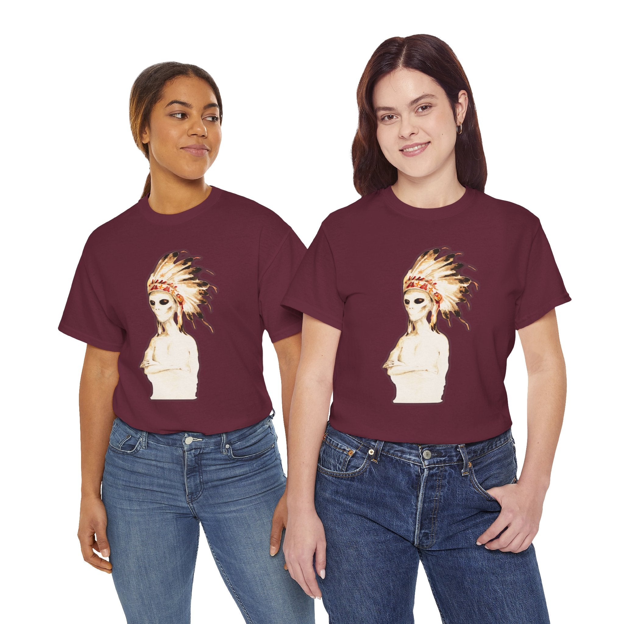 Graphic Tee — Watercolor Skeleton / Alien with Feather Headdress T-Shirt