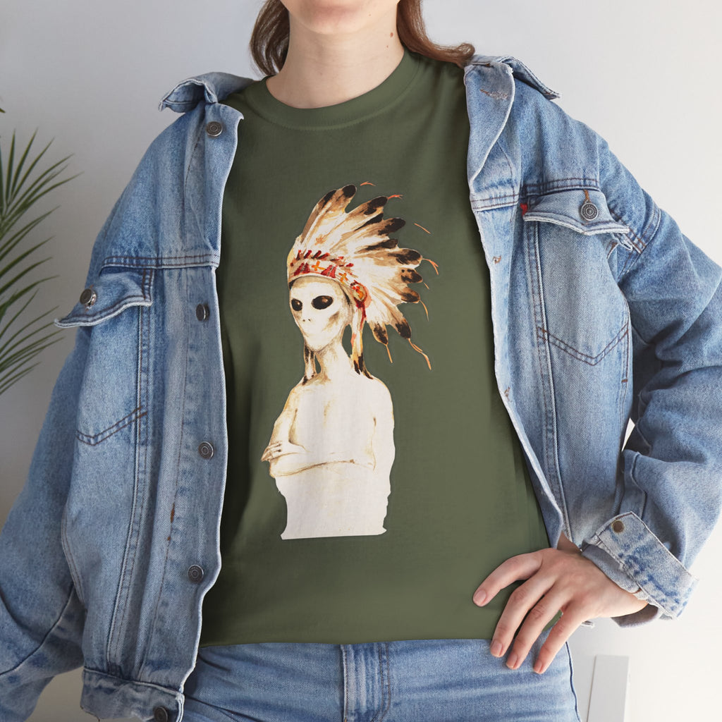 Graphic Tee — Watercolor Skeleton / Alien with Feather Headdress T-Shirt
