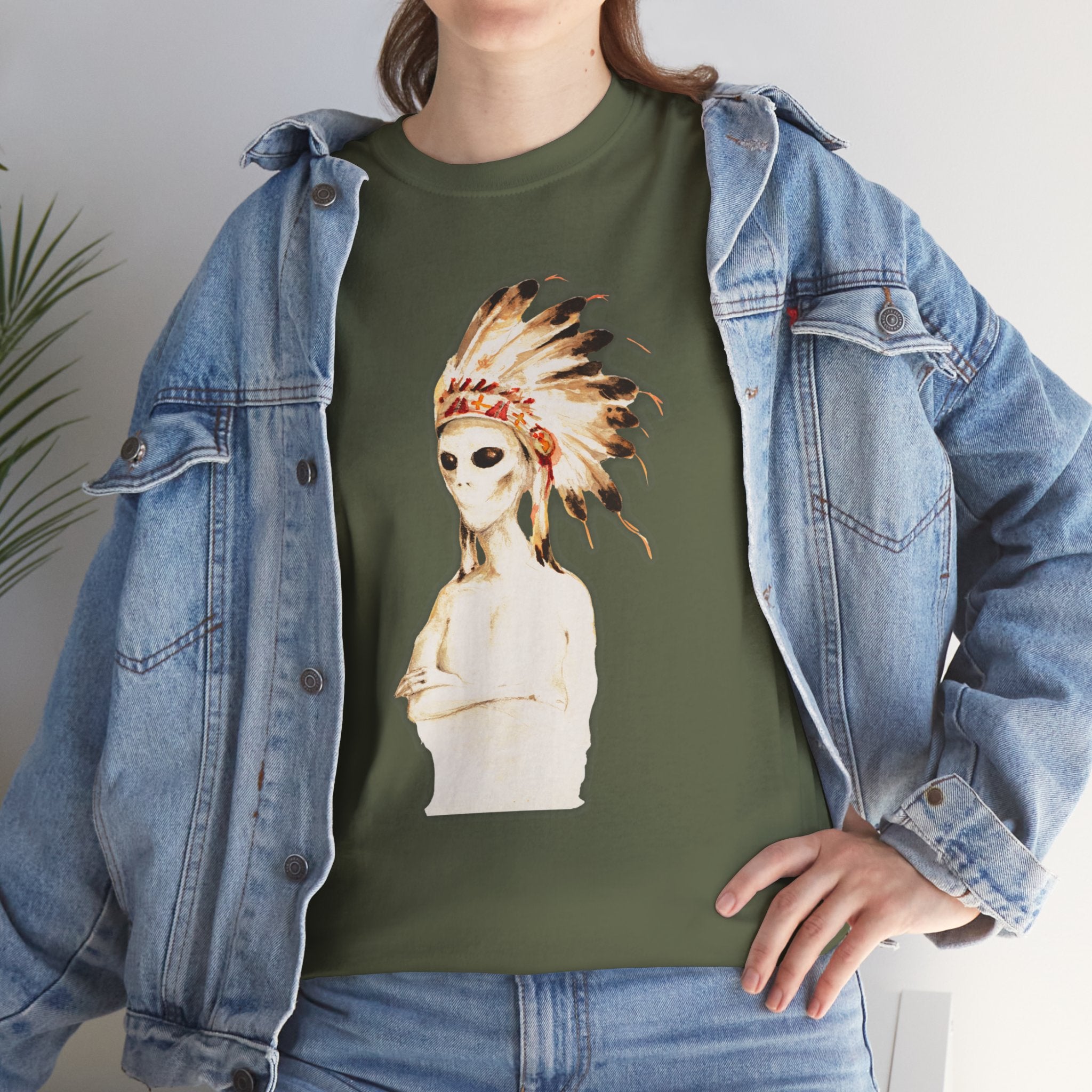 Graphic Tee — Watercolor Skeleton / Alien with Feather Headdress T-Shirt