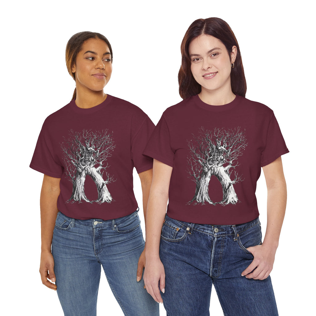 Tree of Lovers T-Shirt — Romantic Embrace Tree Illustration Tee